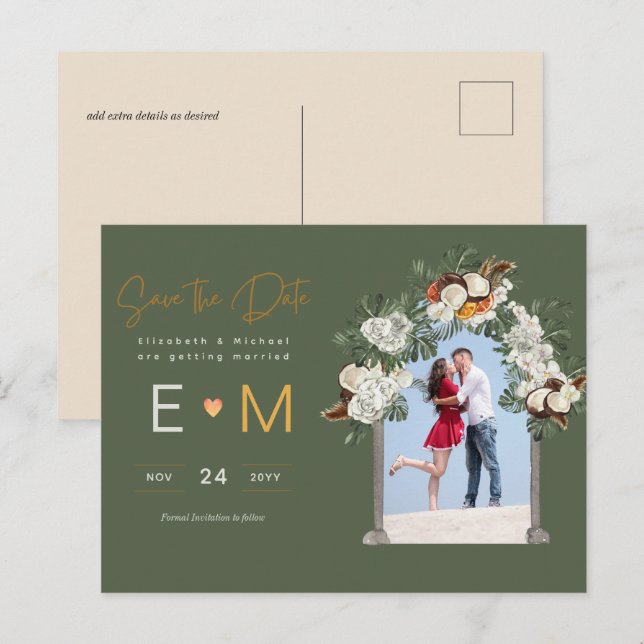 Cartão Postal Foto Casamento Salvar a Data Floral Verde Oliva (Frente/Verso)