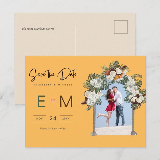 Cartão Postal Foto Casamento Salvar Data Floral Tropical Amarelo (Frente/Verso)