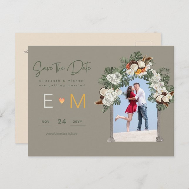 Cartão Postal Foto Casamento Salvar Data Oliva Verde Sage Flora (Frente/Verso)