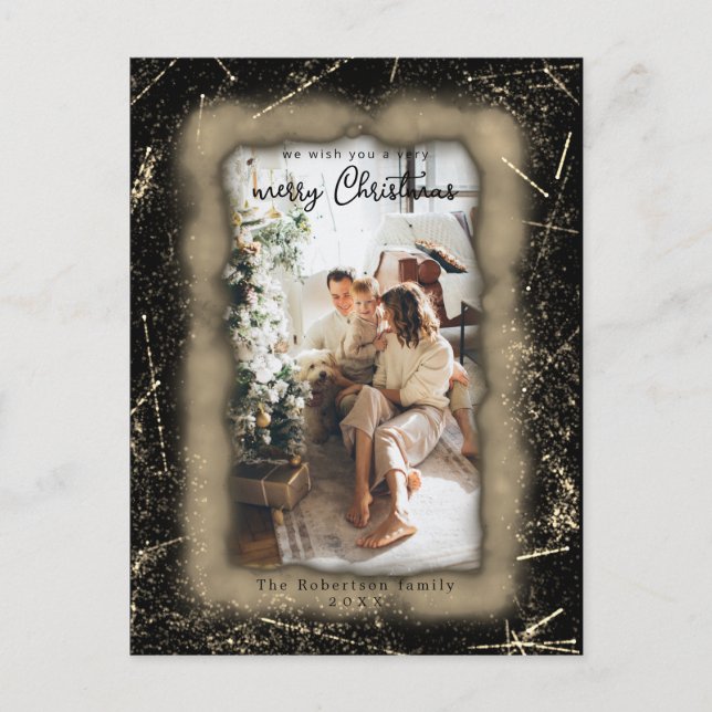 Cartão Postal Foto com quadro de Glitter Dourado Feriado Feliz N (Frente)