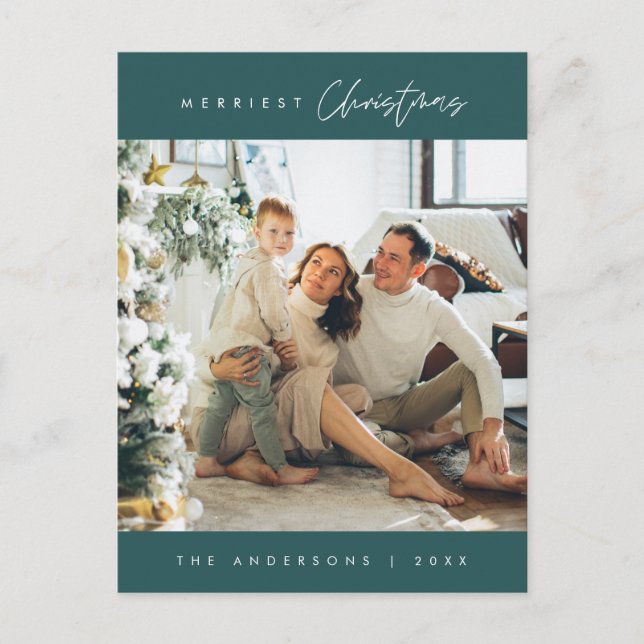 Cartão Postal Foto da família de Natal mais feliz, Emerald Green (Frente)