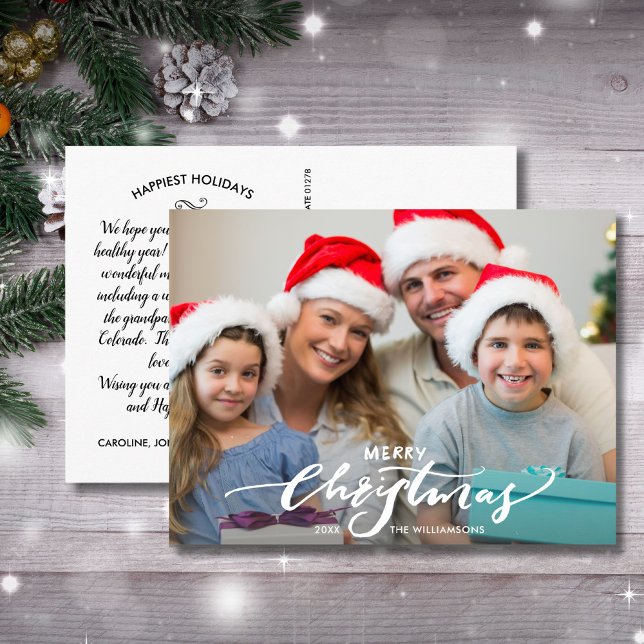 Cartão Postal Foto da Família Letra Moderna de Feliz Natal (Criador carregado)