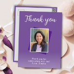 Cartão Postal Foto de 50º aniversário roxa Obrigado<br><div class="desc">Foto de 50º aniversário roxa Obrigado Cartão-postal. O fundo é roxo vívido e o texto é de cor branca. Personalize-o com sua foto,  seu nome e obrigado nota.</div>