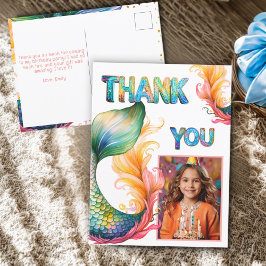 Cartão Postal Foto de Aniversário de Sereia Colorida Agradecimen