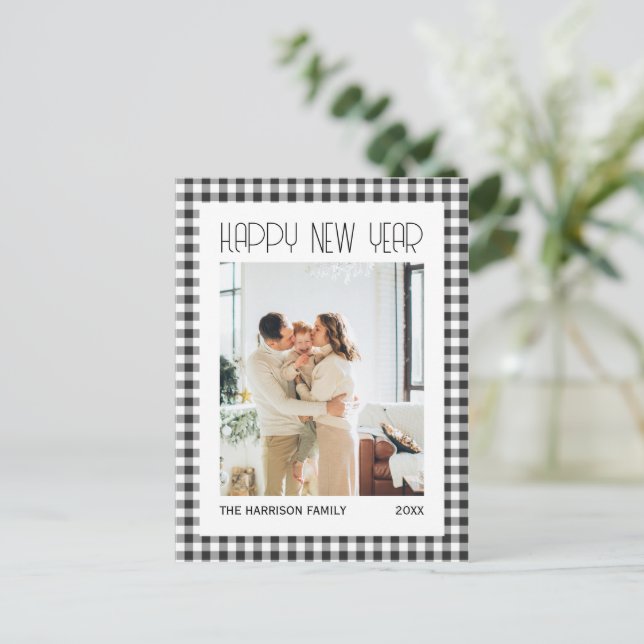 Cartão Postal Foto de Ano Novo da Xadrez Chic Retro Black Gingha (Em pé/Frente)