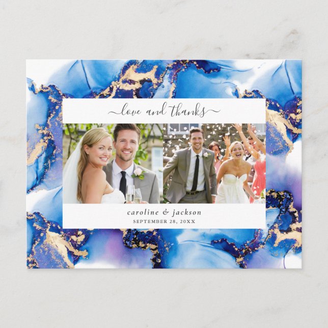 Cartão Postal Foto de Blue Watercolor Obrigado (Frente)