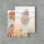 Cartão Postal Foto de Caligrafia Cardíaca Doce 16<br><div class="desc">A frente deste convite elegante apresenta sua foto, sobreposta com texto que brilha com sofisticação. O título, Doce Dezesseis, combina "Doce" em caligrafia rico adornada com corações delicados e "Dezesseis" em fontes refinadas de serifa, criando uma mistura perfeita de elegância e elegância. Nas costas, quatro fotos queridas contam a história...</div>