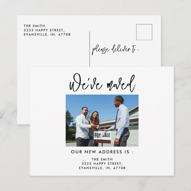 Cartão Postal Foto de caligrafia moderna que mudamos de novo end (Frente/Verso)