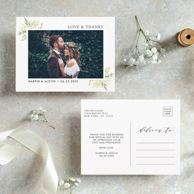 Cartão Postal Foto De Casamento Botânico Da Folhagem Verde Obrig (Front & Back)