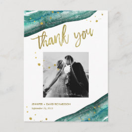 Cartão Postal Foto de Casamento de Teal e Geode Dourada Obrigado