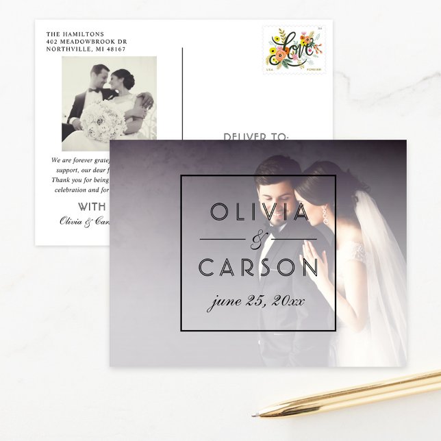 Cartão Postal Foto de Casamento do Monograma Negro Moderno Obrig (Criador carregado)