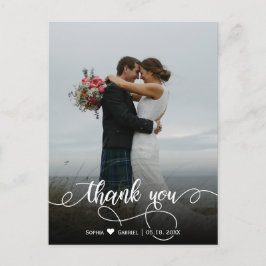 Cartão Postal Foto de casamento Elegante Na moda Script Obrigado