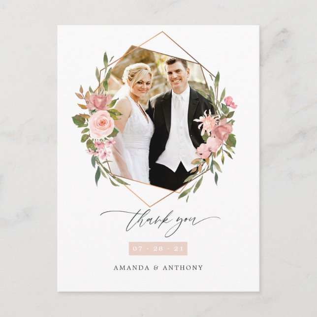 Cartão Postal Foto de Casamento Geométrico com rosa Dourado e Bl (Frente)