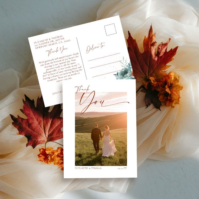 Cartão Postal Foto De Casamento Laranja Queimado De Cheiro, Obri (fall wedding shower baby photo thank you teal burnt orange terracotta watercolor floral botanical)