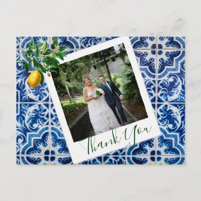 Cartão Postal Foto de casamento Lemon Blue Azulejo Elegante Obri (Frente)