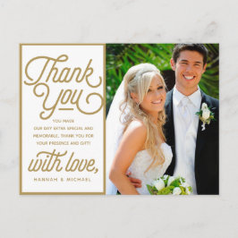 Cartão Postal Foto de casamento moderna retrô dourada de agradec