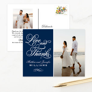 Cartão Postal Foto de casamento Navy Ornate Love and Thanks