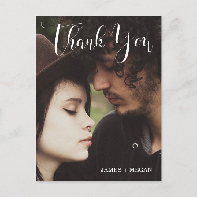 Cartão Postal Foto de casamento/ Noivado de Script Moderno Obrig (Frente)