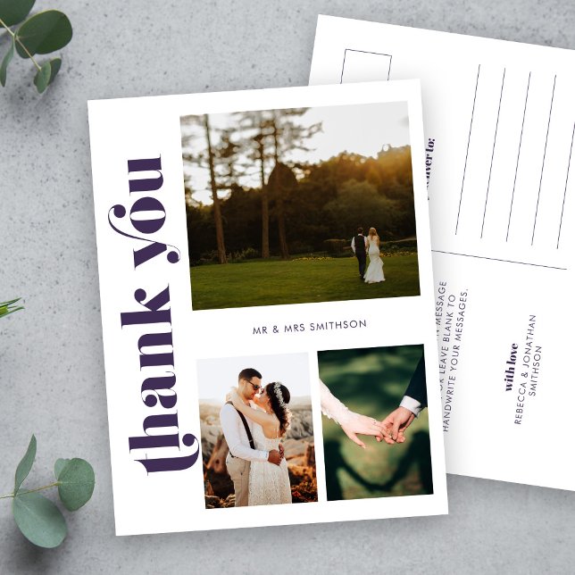 Cartão Postal Foto de Casamento Púrpura Obrigado Cartão-postal (Criador carregado)