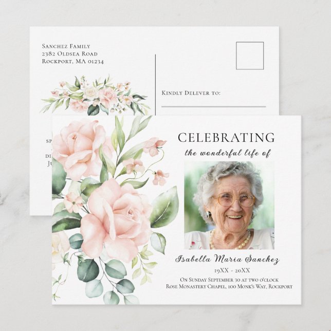 Cartão Postal Foto de Celebração de Vida Floral de Rosa Rosa (Frente/Verso)