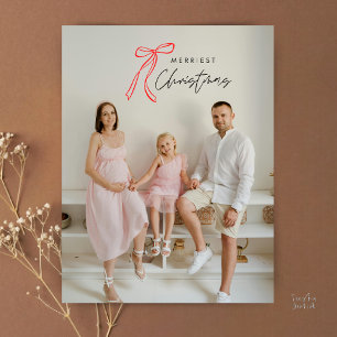 Cartão Postal Foto de Família com Laço Vermelho Moderno Natal Fe