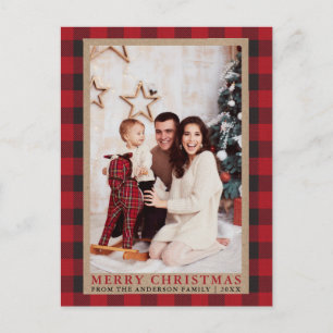 Cartão Postal Foto de Família em Xadrez Vermelho Feliz Natal Kra