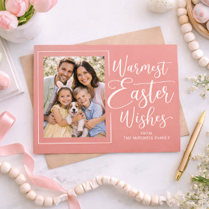 Cartão Postal Foto de Família Personalizada em Páscoa Rosa Coral