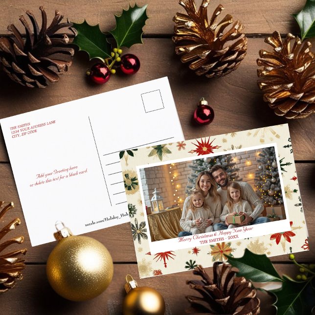 Cartão Postal Foto de Feriado de Snowflakes Dourado Elegante (Elegant Gold Snowflakes Holiday photo Postcard)