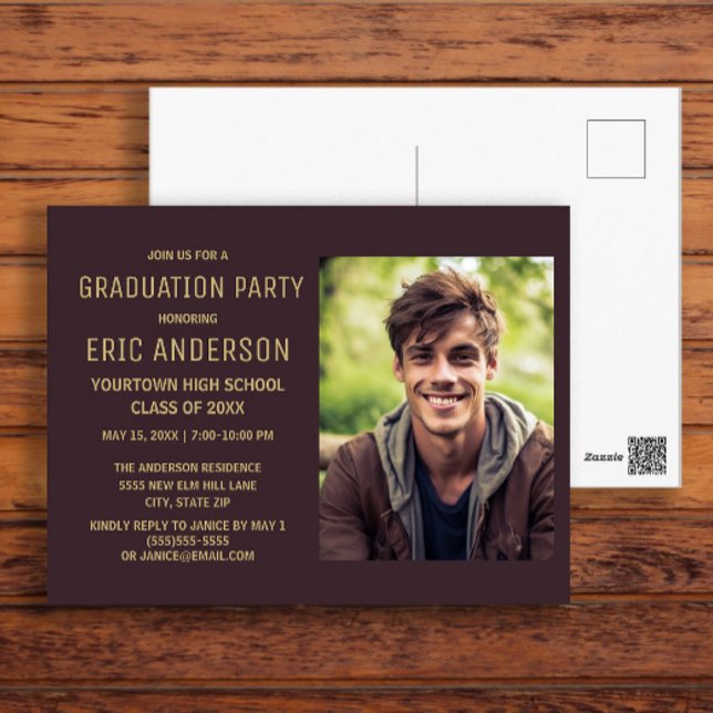 Cartão Postal Foto de Festa de formatura castanha (Brown graduation party photo invitation)