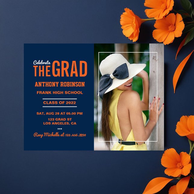 Cartão Postal Foto de Festa de formatura laranja e azul (Orange and Blue Graduation Party Photo Postcard)