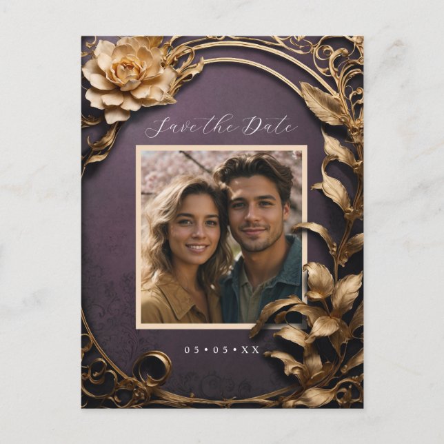 Cartão Postal Foto de flores metálicas salvar data (Frente)