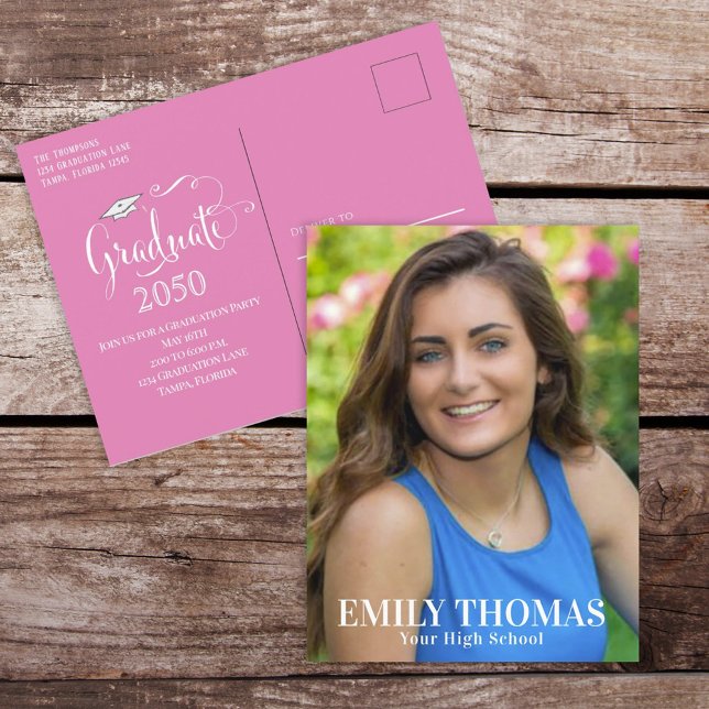 Cartão Postal Foto de formando Mínimo, Script Simples, Rosa (Criador carregado)