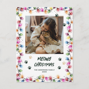 Cartão Postal Foto de Gatas com Luzes de Natal Verdes Meowy