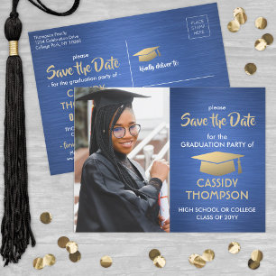 Cartão Postal Foto de Graduação Azul e Dourada Bruta Salva a Dat