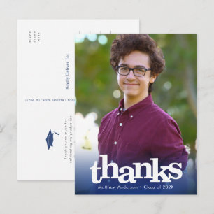 Cartão Postal Foto de graduação azul obrigado de tipografia ou