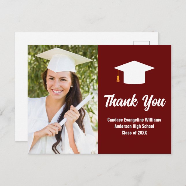 Cartão Postal Foto de Graduação Marrom Vermelho Branco Agradecim (Frente/Verso)