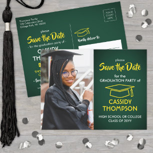 Cartão Postal Foto de Graduação Verde e Dourada Salvar a Data