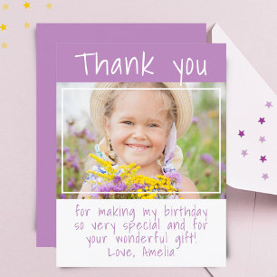 Cartão Postal Foto de Menina Roxa Moderna de Aniversário Obrigad