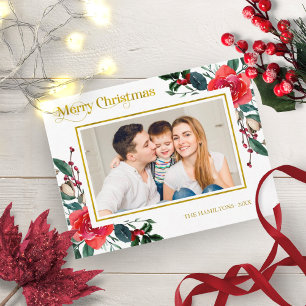 Cartão Postal Foto de Natal Alegre com Floral em Aquarela Vermel