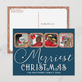 Cartão Postal Foto de Natal Chic Holiday Script Rosa Dourado Azu