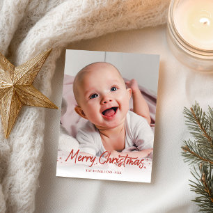Cartão Postal Foto de Natal com Brilho Vermelho e Escrita à Mão