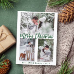 Cartão Postal Foto de Natal Feliz, Script Verde de Pincel Modern<br><div class="desc">Cartão-postal de Feliz Natal do Escovo Verde Moderno</div>