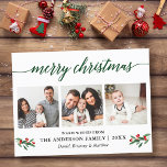 Cartão Postal Foto de Natal Holly Green - Caligrafia moderna<br><div class="desc">O Cartão postal de Natal Merry 3 Photo Holiday do Script de Caligrafia Moderna inclui Watercolor Holly Berries - Script Verde</div>