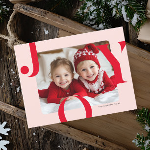 Cartão Postal Foto de Natal JY   Família Vermelha e Rosa Moderna