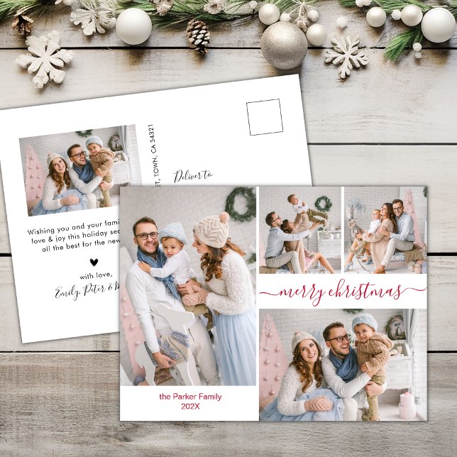 Cartão Postal Foto de Natal Múltipla do Script Vermelho Moderno  (Criador carregado)