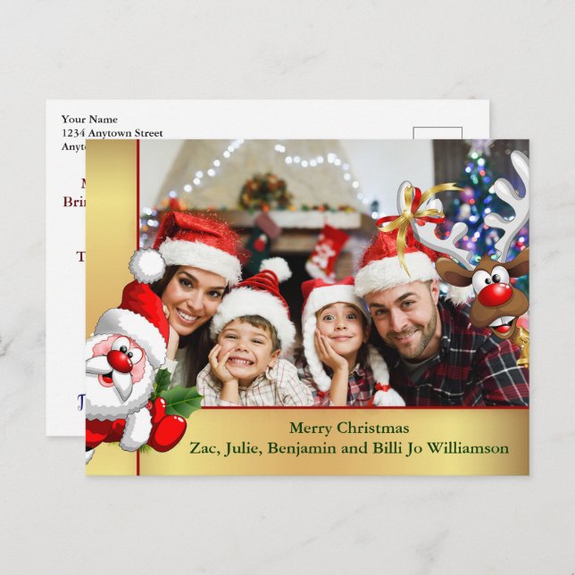 Cartão Postal Foto de Natal para a família Reindeer Papais noeis (Frente/Verso)