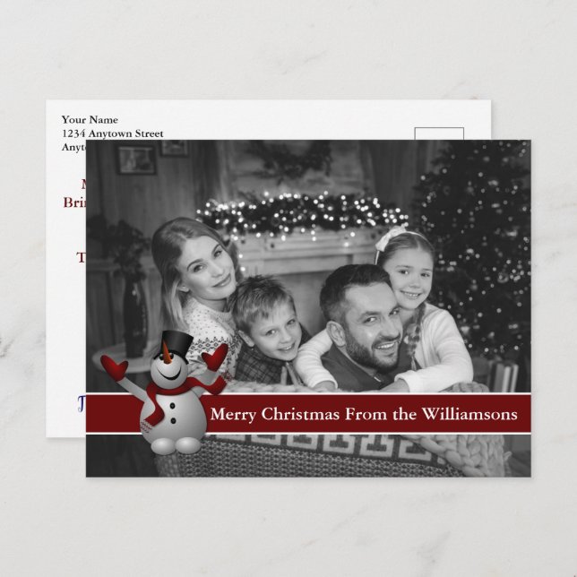 Cartão Postal Foto de Natal Preto e Branco Automático com Snowma (Frente/Verso)