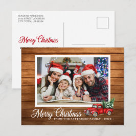 Cartão Postal Foto de Natal Red Truck Rustic Wood Style