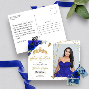 Cartão Postal Foto de Quinceañera com Tiara Azul Royal e Dourado
