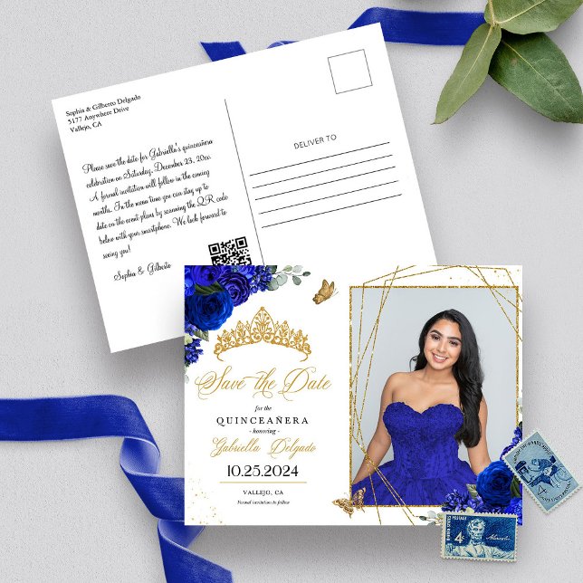 Cartão Postal Foto de Quinceañera com Tiara Azul Royal e Dourado (Criador carregado)